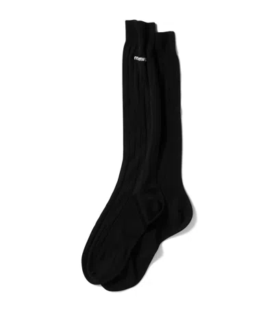 Miu Miu Silk-blend Logo Socks In Black