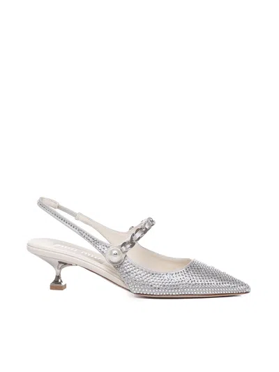 Miu Miu Silk Blend Slingback With Applications In Silver