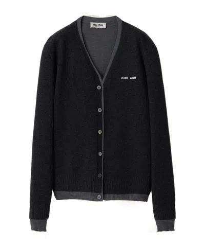 Miu Miu Silk Cashmere Cardigan Sweater In Black