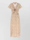 Miu Miu Silk Dress With Floral Pattern And Tie Waist In Neutral
