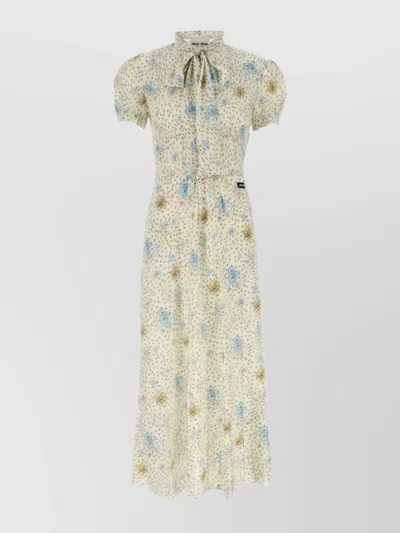Miu Miu Silk Dress With Floral Print And Tie Waist In Multi
