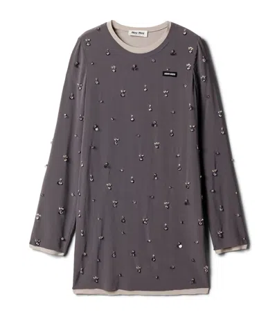 Miu Miu Silk Embellished T-shirt Mini Dress In Brown