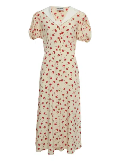 Pre-owned Miu Miu Silk Floral-print Maxi Dress In Neutral