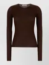 Miu Miu Silk Long Sleeve T-shirt With Ribbed Texture In Brown