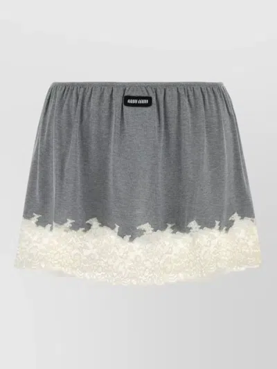 Miu Miu Silk Mini Skirt Elastic Waistband Lace Trim In Black