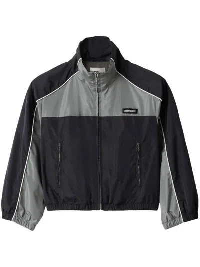 Miu Miu Technical Silk Zipper Blouson Jacket In Blu+piombo
