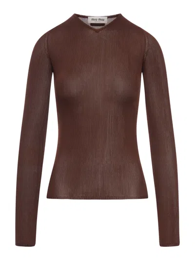 Miu Miu Silk V-neck Sweater In Brown