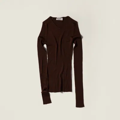 Miu Miu Silk V-neck Sweater In Brown