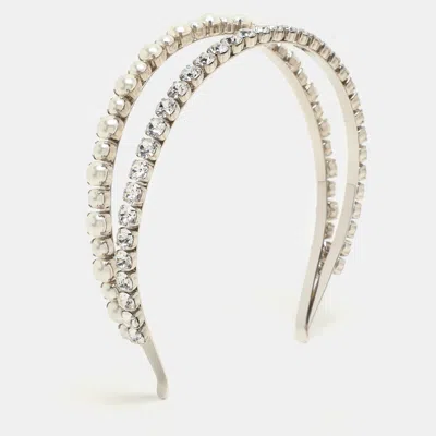 Pre-owned Miu Miu Silver Faux Pearl And Crystal Embellished Double Headband