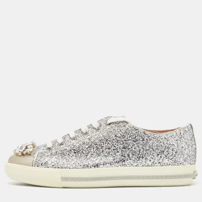 Pre-owned Miu Miu Silver Glitter And Leather Crystal Embellished Sneakers Size 39