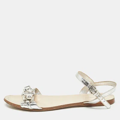 Pre-owned Miu Miu Silver Leather Ankle Strap Sandals Size 37 In White