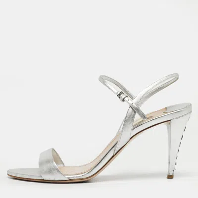 Pre-owned Miu Miu Silver Leather Ankle Strap Sandals Size 40.5