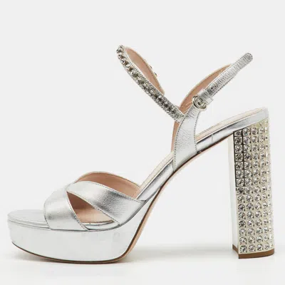 Pre-owned Miu Miu Silver Leather Crystal Embellished Ankle Strap Platform Sandals Size 40