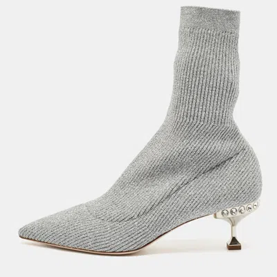 Pre-owned Miu Miu Silver Metallic Knit Fabric Crystal Embellished Sock Boots Size 41