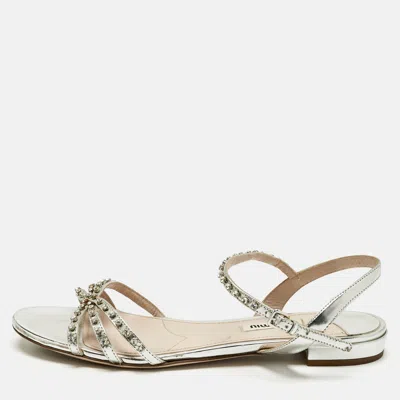 Pre-owned Miu Miu Silver Patent Leather Crystals Embellished Flat Sandals Size 38.5