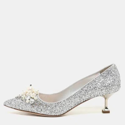 Pre-owned Miu Miu Silver Studded Glitter Crystal Embellished Pointed-toe Pumps Size 38.5