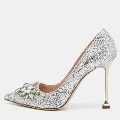 Pre-owned Miu Miu Silver Studded Glitter Crystal Embellished Pointed-toe Pumps Size 39