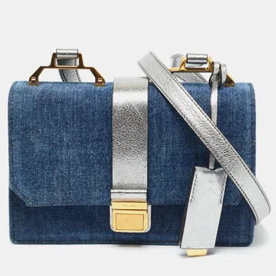 Pre-owned Miu Miu Silver/blue Denim And Madras Leather Pushlock Top Handle Bag
