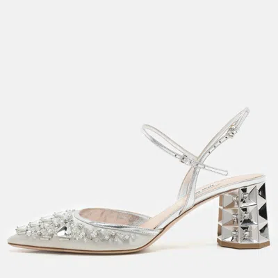 Pre-owned Miu Miu Silver/grey Leather And Satin Crystal Embellished Block Heel Sandals Size 41