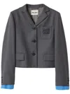 Miu Miu Logo Embroidered Cropped Wool Blazer Jacket In Grey