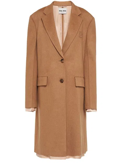 Miu Miu Single-breasted Velour Camel Hair Coat In Neutrals