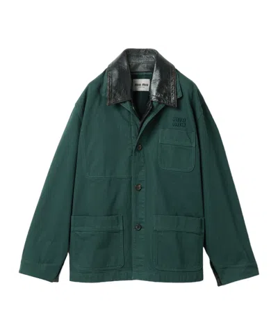 Miu Miu Single-breasted Garment-dyed Gabardine And Leather Jacket In Metallic