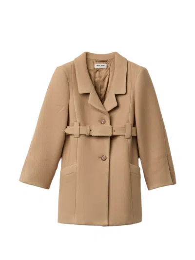 Miu Miu Single-breasted Double Wool Coat In Brown