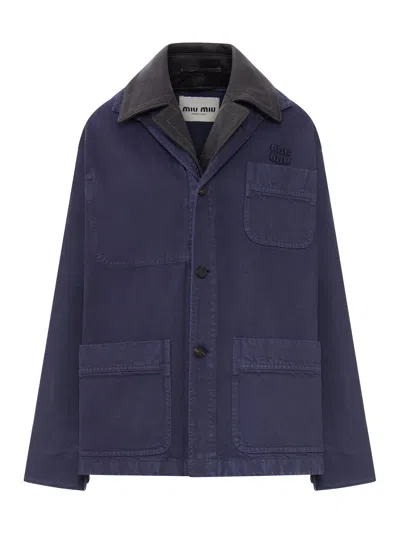 Miu Miu Single-breasted Gabardine And Leather Jacket In Blue