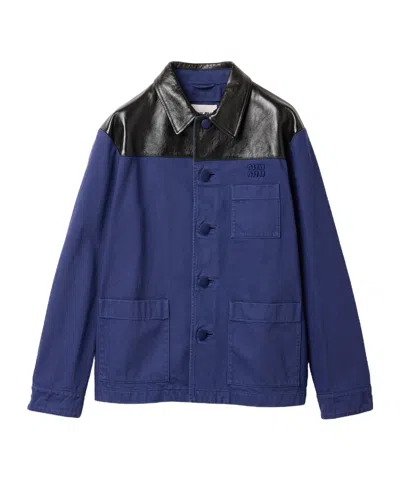 Miu Miu Single-breasted Garment-dyed Gabardine And Leather Jacket In Blue