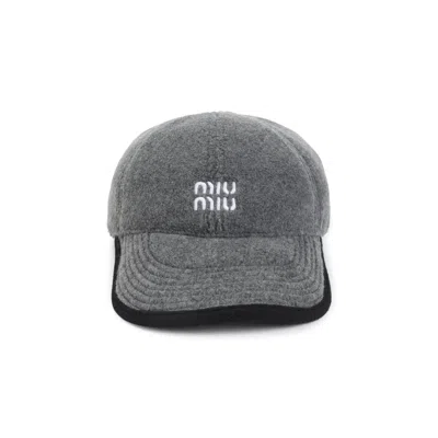 Miu Miu Six-panel Hat With Contrast Embroidered Logo In Gray