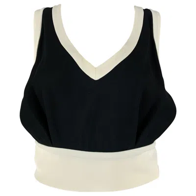 Pre-owned Miu Miu Size 2 Black Cream Viscose Contrast Trim V-neck Casual Top In White
