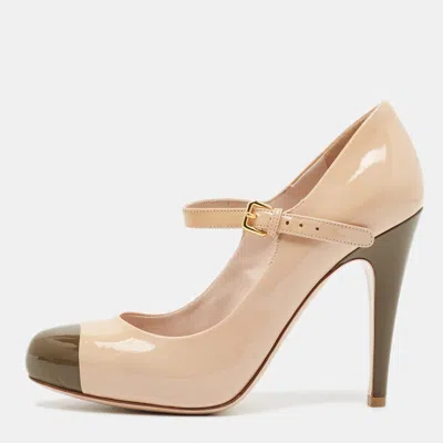 Pre-owned Miu Miu Size 35 Beige/green Patent Leather Mary Jane Pumps In Sand
