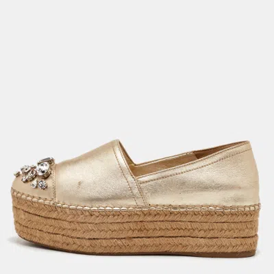 Pre-owned Miu Miu Size 35 Metallic Gold Leather Crystal Embellished Platform Espadrille Sandals