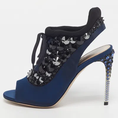 Pre-owned Miu Miu Size 35 Navy Blue/black Satin And Fabric Embellished Cutout Booties