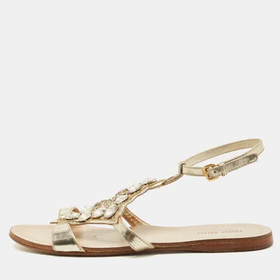 Pre-owned Miu Miu Size 35 Silver Foil Leather Crystal Embellished Ankle Strap Flat Sandals