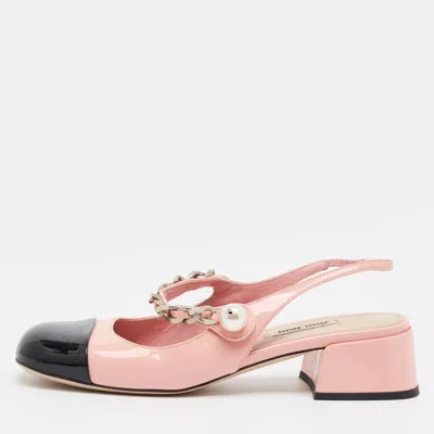 Pre-owned Miu Miu Size 35.5 Pink/black Patent Leather Slingback Pumps