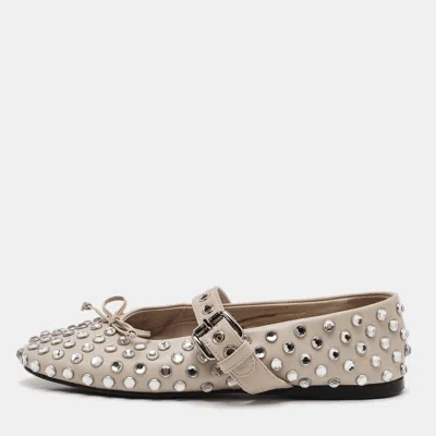 Pre-owned Miu Miu Size 36 Beige Leather Crystal Embellished Ballet Flats In Sand