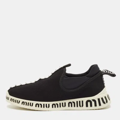 Pre-owned Miu Miu Size 36 Black Knit Fabric And Nylon Crystal Embellished Slip On Sneakers