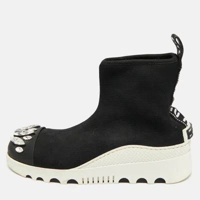 Pre-owned Miu Miu Size 36 Black Knit Fabric And Rubber Crystal Cap Toe Sock High Slip On Sneakers
