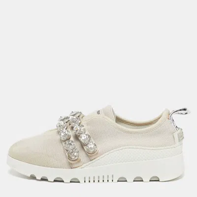 Pre-owned Miu Miu Size 36 Cream Knit Fabric Crystal Embellished Slip On Sneakers In White