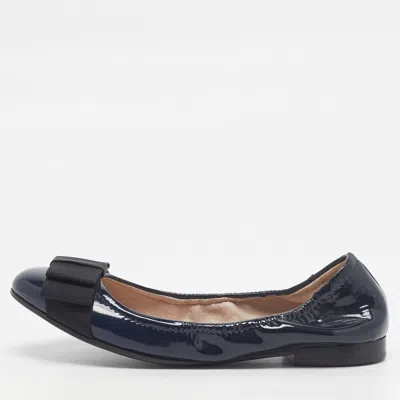 Pre-owned Miu Miu Size 36 Navy Blue Patent Leather Bow Scrunch Ballet Flats