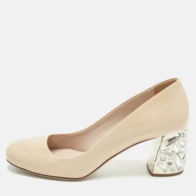 Pre-owned Miu Miu Size 36.5 Beige Patent Leather Crystal Embellished Block Heel Pumps In Sand