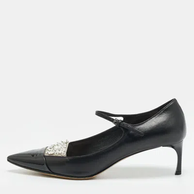 Pre-owned Miu Miu Size 36.5 Black Patent And Leather Crystal Embellished Mary Jane Pumps