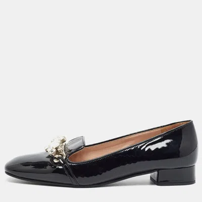 Pre-owned Miu Miu Size 36.5 Black Patent Leather Crystal Embellished Smoking Slippers