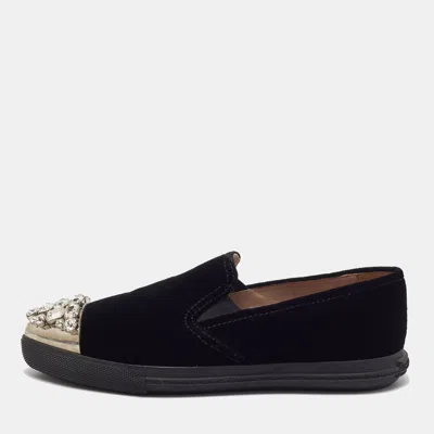 Pre-owned Miu Miu Size 36.5 Black Velvet Crystals Embellished Smoking Slippers