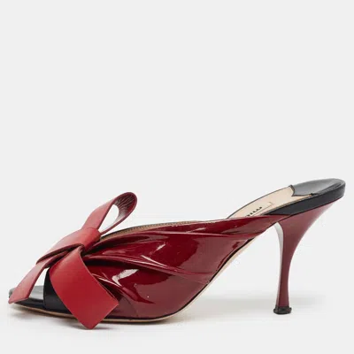 Pre-owned Miu Miu Size 36.5 Burgundy Leather And Patent Leather Bow Mules
