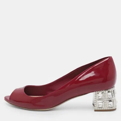 Pre-owned Miu Miu Size 36.5 Burgundy Patent Leather Peep Toe Embellished Block Heel Pumps