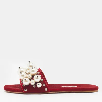 Pre-owned Miu Miu Size 36.5 Red Velvet Pearl Embellished Flat Slide
