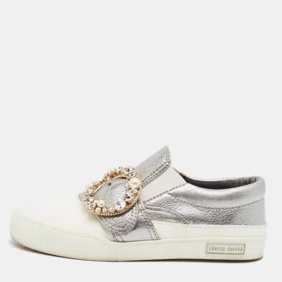 Pre-owned Miu Miu Size 36.5 Silver/white Leather Crystal Embellished Slip On Sneakers