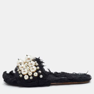 Pre-owned Miu Miu Size 37 Black Fur Pearl Embellished Flat Slide Sandals